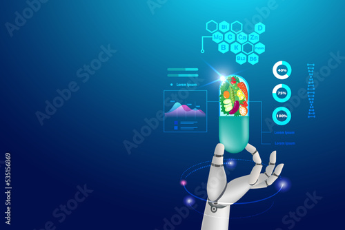 Robot hand holding supplement foods vitamin capsule. Supplement nutrition pill for healthy, food science innovation technology for people wellbeing.