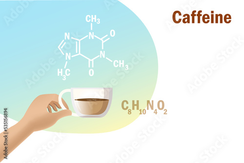 Hand holding coffee cup with caffeine skeletal formula molecular structure. Chemistry and biological science education research on coffee, food science concept.