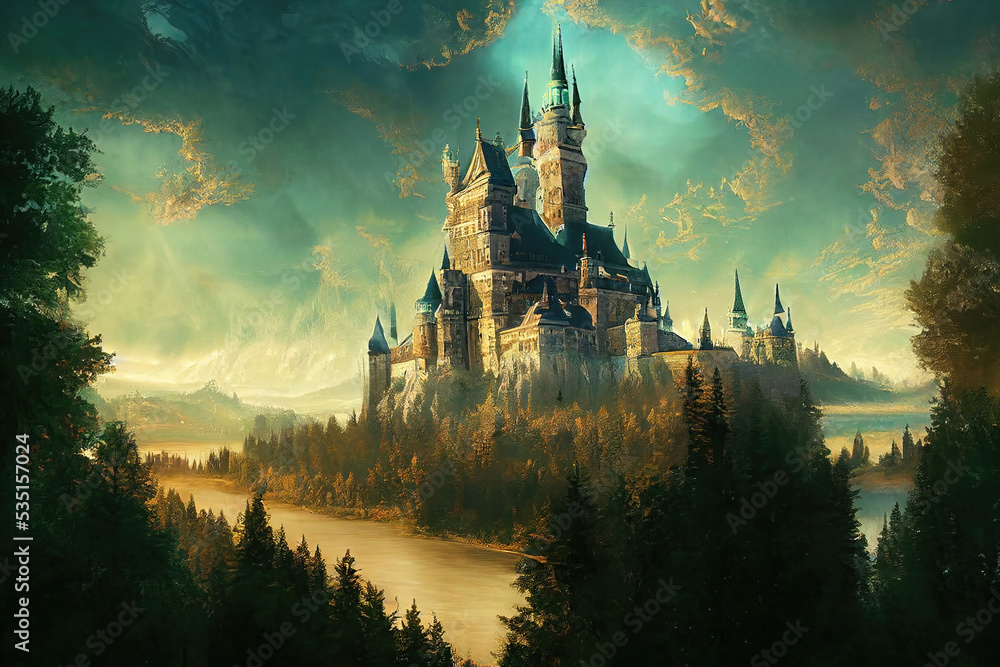 AI generated image of a large medieval castle by the side of a river ...