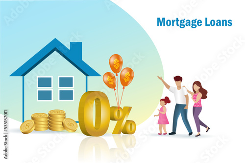 Home loan, mortgage loans, real estate, property approval and refinance concept. Happy family with 0% interest fee for home buying.