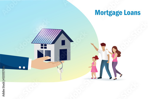 Home loan, mortgage loans, real estate, property approval and refinance concept. Agency hand offer house and home key to happy family.