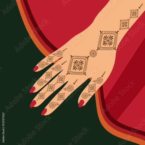 Floral Red Henna Mehndi Hands Vector Illustration with Black Ornamental Mandala Background, Hand Drawn Henna Vector Design