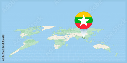 Location of Myanmar on the world map  marked with Myanmar flag pin.
