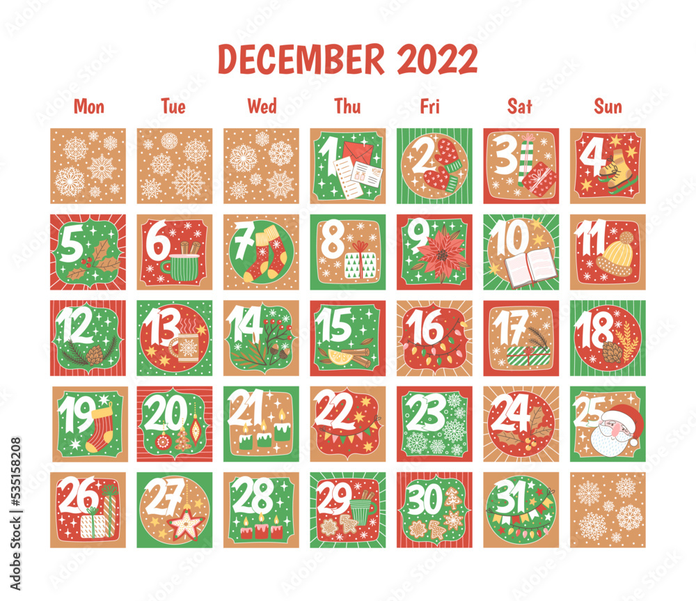 Vetor De New Year And Christmas Advent Calendar With Holiday Elements vetor-de-new-year-and-christmas-advent-calendar-with-holiday-elements