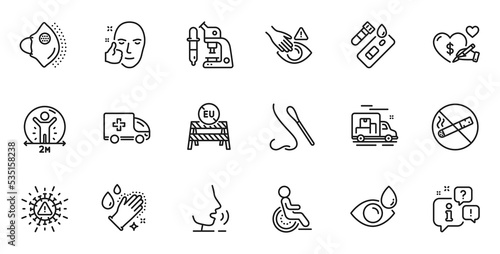 Outline set of Disability, Medical mask and Coronavirus line icons for web application. Talk, information, delivery truck outline icon. Vector