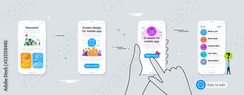 Set of Coffeepot, Door and Table lamp line icons. Phone ui interface. Include Chandelier, Tea cup, Open door icons. Night mattress, Bed bugs, Teapot web elements. For web, application. Vector