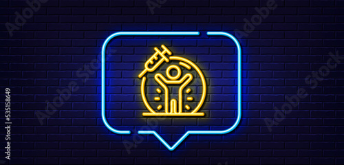 Neon light speech bubble. Vaccine protection line icon. Vaccination syringe sign. Jabbed people symbol. Neon light background. Vaccine protection glow line. Brick wall banner. Vector