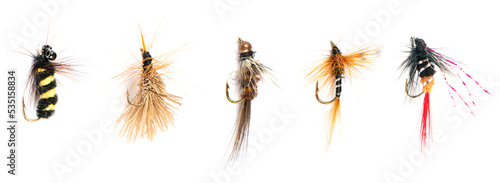 Photographie Macro shot five colorful fishing fly isolated on a white background