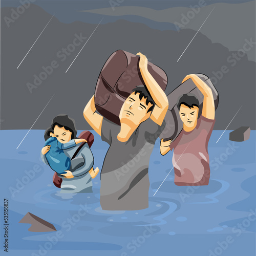 Man and woman refugee in flood disaster walking through heavy rain and water