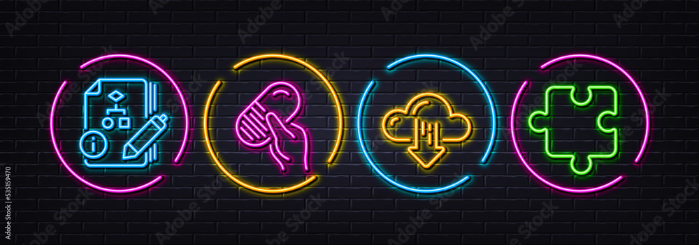 Cloud download, Algorithm and Capsule pill minimal line icons. Neon laser 3d lights. Puzzle icons. For web, application, printing. File storage, Project, Medicine drugs. Puzzle piece. Vector Cloud download, Algorithm and Capsule pill minimal line icons. Neon laser 3d lights. Puzzle icons. For web, application, printing. File storage, Project, Medicine drugs. Puzzle piece. Vector