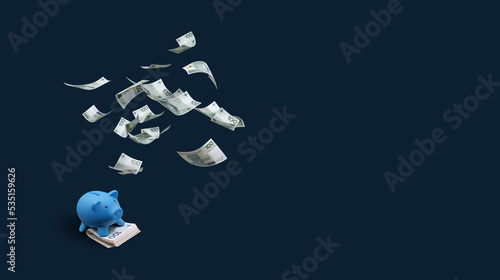 PLN Polish zloty banknotes. Money floating and blue piggy bank. Illustration. Top view.