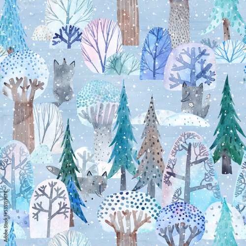 Watercolor winter forest. Cute seamless pattern. Wolf in the winter forest. Creative watercolor texture for fabric, wrapping, textile, wallpaper, apparel. Hand drawn illustration.