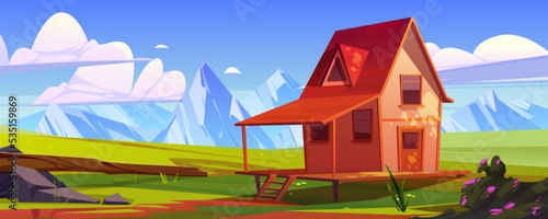 Cottage on green field at mountain valley landscape. Wooden house on stilts on summer meadow under blue sky with clouds at sunny day. Home with terrace on piles cartoon background, vector illustration