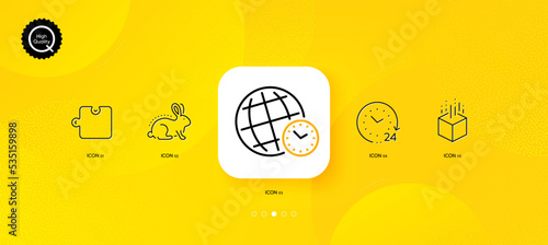 Animal tested, 24 hours and Augmented reality minimal line icons. Yellow abstract background. Puzzle, Time zone icons. For web, application, printing. Bio product, Time, Virtual reality. Vector