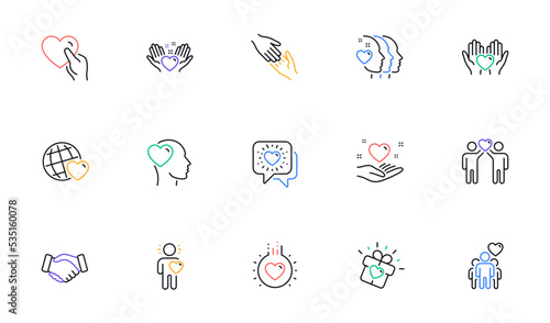 Friendship and love line icons. Interaction  Mutual understanding and assistance business. Trust handshake  social responsibility icons. Linear set. Bicolor outline web elements. Vector
