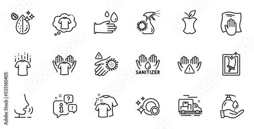 Outline set of Hand sanitizer, Organic waste and Hold t-shirt line icons for web application. Talk, information, delivery truck outline icon. Vector