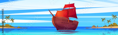 Wooden ship with red sails floating at seascape view with tropical island and palm trees under blue sky. Ancient frigate, galleon sailboat or caravel at calm sea landscape, Cartoon vector illustration