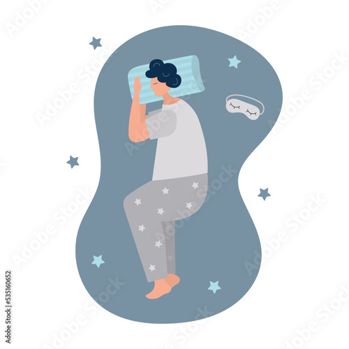Young man sleeps on side. Vector illustration
