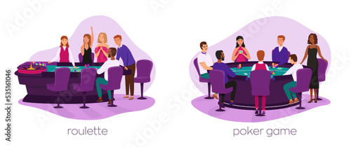 Casino, gaming house flat vector set. Cheerful men and woman in dress characters. People playing poker and roulette illustrations. Casino interior decor. Gambling industry. For design poker web sites.