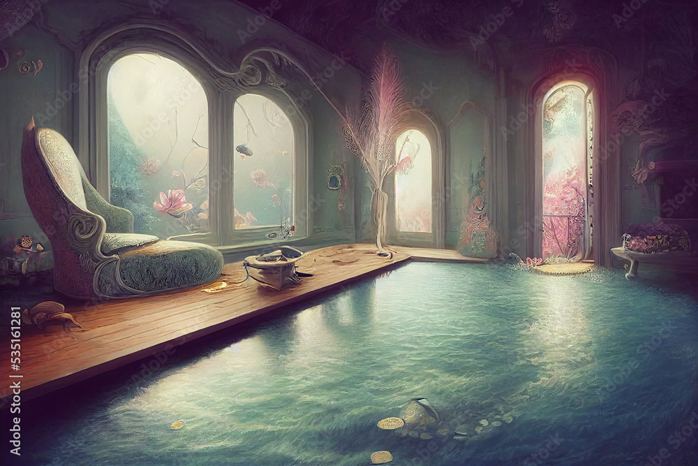 fantasy surreal underwater beautiful house , room, interior, pastel colours, background, digital painting