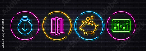 Scroll down, Open door and Piggy bank minimal line icons. Neon laser 3d lights. Dj controller icons. For web, application, printing. Swipe screen, Entrance, Money investment. Musical device. Vector