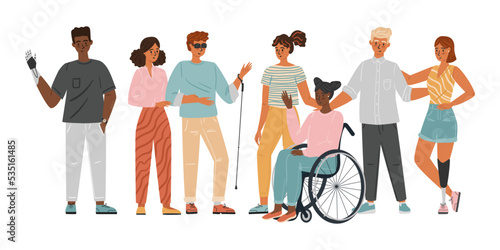 Volunteers helping people with disabilities. Diversity cocenpt vector illustration. Group of people with special needs, wheelchair, prosthesis
