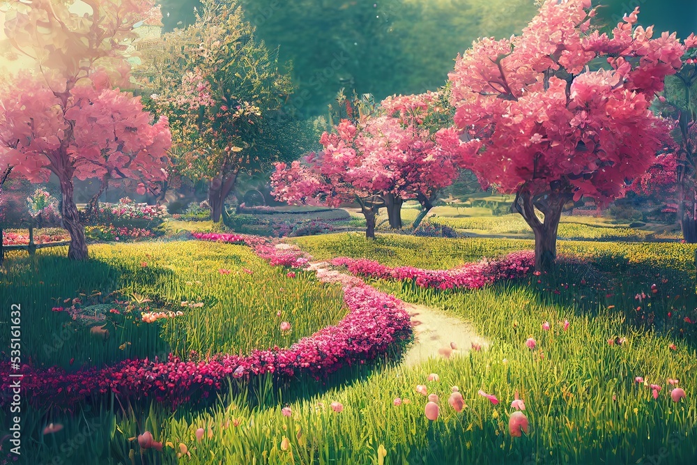 fabulous garden with colorful trees and golden apples. beautiful trees. 3D render. Raster illustration.