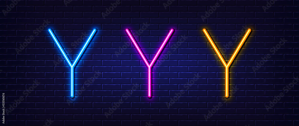 Initial letter Y icon. Neon light line effect. Line typography character sign. Large first font letter. Glowing neon light element. Letter Y glow 3d line. Brick wall banner. Vector