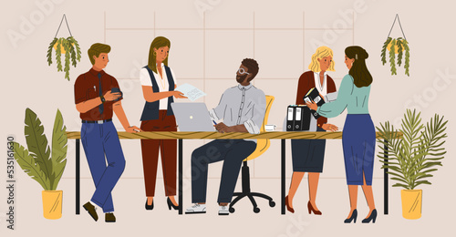 Team of business people sitting at desk with laptop and working in office together. Business meeting and teamwork concept vector illustration. Team work, office people,  employee character