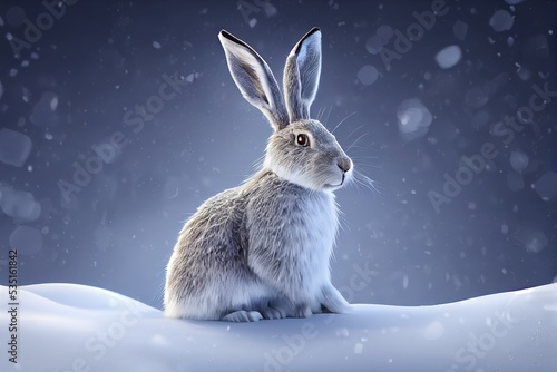 New Year's fairy tale, a hare sits in the snow. 3D render. Raster illustration.