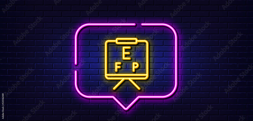 Neon light speech bubble. Vision board line icon. Oculist eye clinic sign. Optometry symbol. Neon light background. Vision board glow line. Brick wall banner. Vector Neon light speech bubble. Vision board line icon. Oculist eye clinic sign. Optometry symbol. Neon light background. Vision board glow line. Brick wall banner. Vector