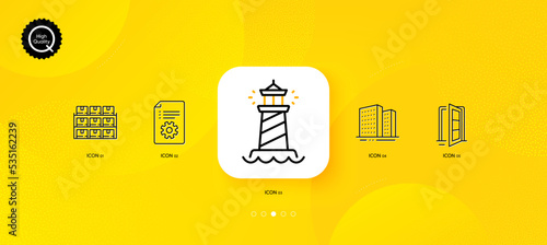 Open door, Boxes shelf and Technical documentation minimal line icons. Yellow abstract background. Lighthouse, Buildings icons. For web, application, printing. Vector