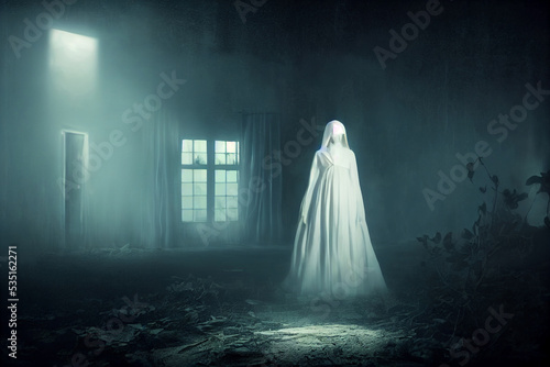 Scary ghost woman in haunted house. Digital art