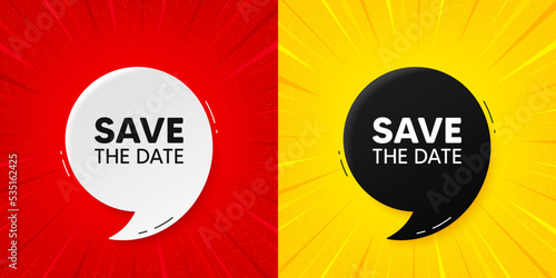 Save the date tag. Flash offer banner with quote. Calendar meeting offer. Save appointment message. Starburst beam banner. Save date speech bubble. Vector