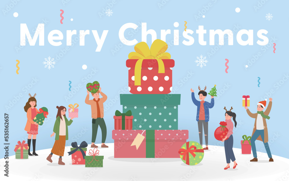 Happy men and women celebrating Christmas, stacked gift boxes, Merry Christmas and New Year, vector cartoon style, greeting card invitation card Christmas card