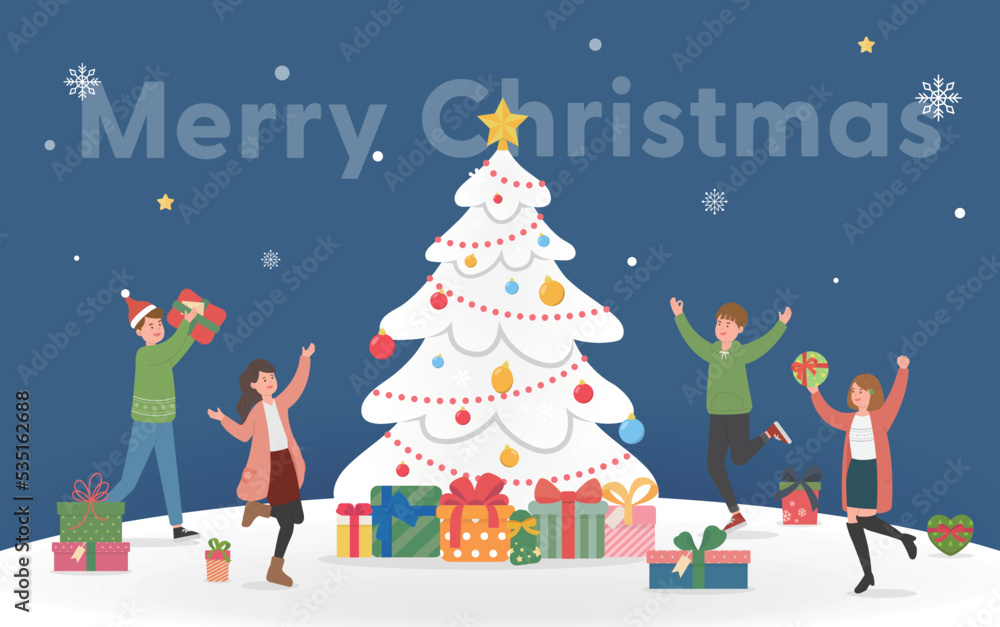 Happy men and women celebrating christmas, christmas tree with gifts and snowflakes, christmas and happy new year, vector cartoon style, greeting card invitation card christmas card Happy men and women celebrating christmas, christmas tree with gifts and snowflakes, christmas and happy new year, vector cartoon style, greeting card invitation card christmas card
