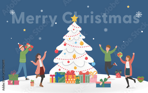 Happy men and women celebrating christmas, christmas tree with gifts and snowflakes, christmas and happy new year, vector cartoon style, greeting card invitation card christmas card