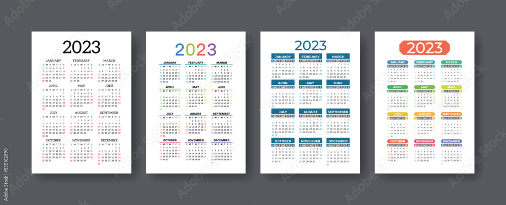Calendar 2023 year set. Vector vertical template collection. Ready design. January, February, March, April, May, June, July, August, September, October, November, December Calendar 2023 year set. Vector vertical template collection. Ready design. January, February, March, April, May, June, July, August, September, October, November, December