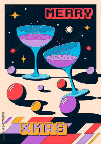Merry Christmas And Happy New Year Celebration Card. 1980s Retro Style Abstract Champagne Illustration