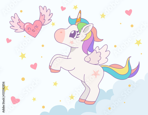Cute rainbow unicorn jumping on the cloud with rainbow and star in the sky. Vector design illustration.