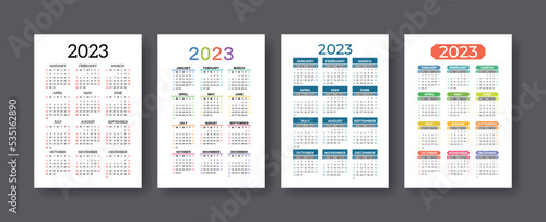 Calendar 2023 year set. Vector vertical template collection. Ready design. January  February  March  April  May  June  July  August  September  October  November  December