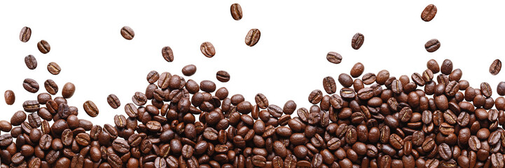 Ingelijste posters Bibliotheek Roasted coffee beans in a placer, a lot of beans lies and levitates, isolated, on a white background  © aneduard