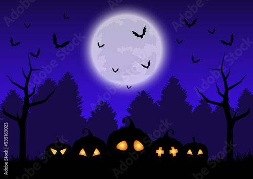 Halloween background with pumpkins in spooky landscape
