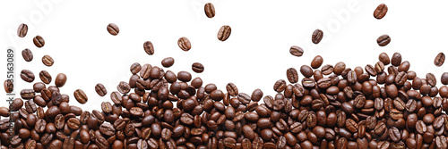 Fényképezés Roasted coffee beans in a placer, a lot of beans lies and levitates, isolated, o