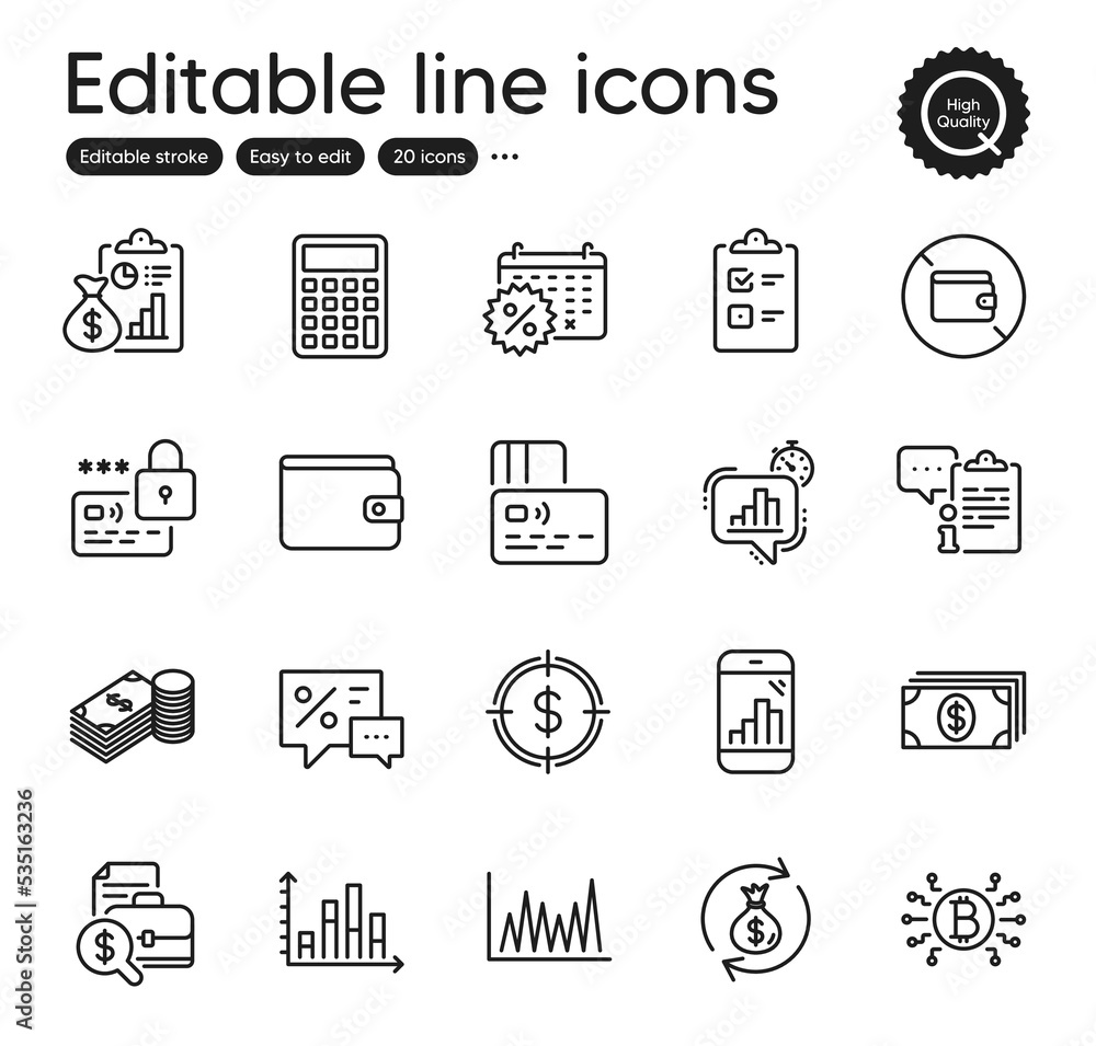 Set of Finance outline icons. Contains icons as Money exchange, Lock and Report elements. Savings, Bitcoin system, Checklist web signs. Banking, Calendar discounts, Accounting report elements. Vector