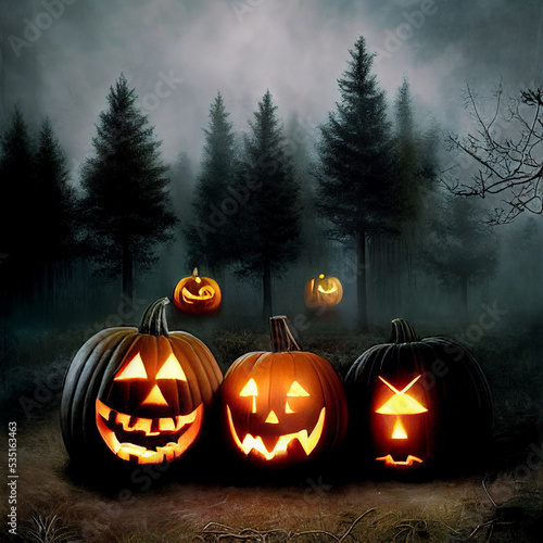 Carved pumpkins in dark forest. Spooky concept.Digital art