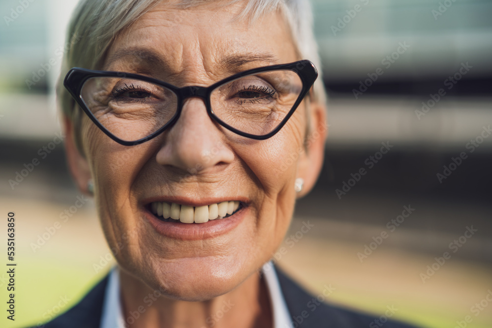 Outdoor head shot portrait of successful senior businesswoman. Happy business person is smiling and looking at camera. Outdoor head shot portrait of successful senior businesswoman. Happy business person is smiling and looking at camera.