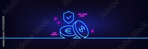 Neon light glow effect. Savings insurance line icon. Risk coverage sign. Money protection symbol. 3d line neon glow icon. Brick wall banner. Savings insurance outline. Vector