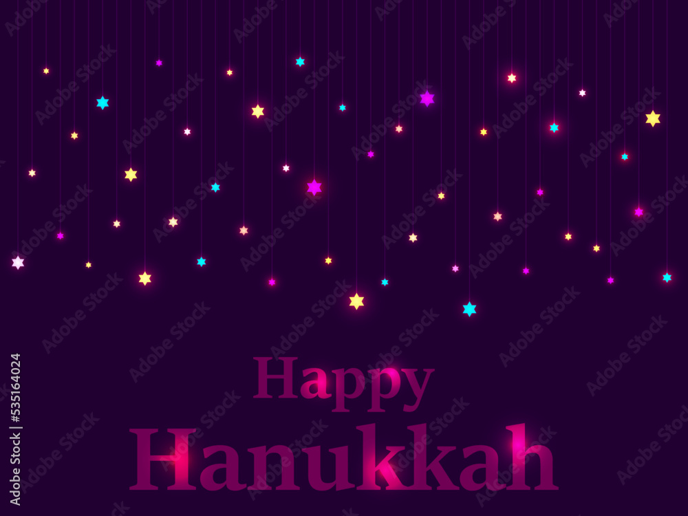 Happy Hanukkah. Hanging twinkling star of David with bright lights for the Jewish holiday. Design for greeting card, banner and poster. Vector illustration Happy Hanukkah. Hanging twinkling star of David with bright lights for the Jewish holiday. Design for greeting card, banner and poster. Vector illustration