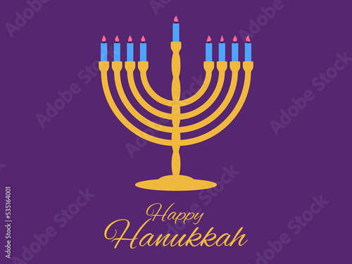 Happy Hanukkah. Menorah with nine candles is a symbol of the Jewish holiday. Golden menorah with blue candles isolated on violet background. Design for greeting card and poster. Vector illustration